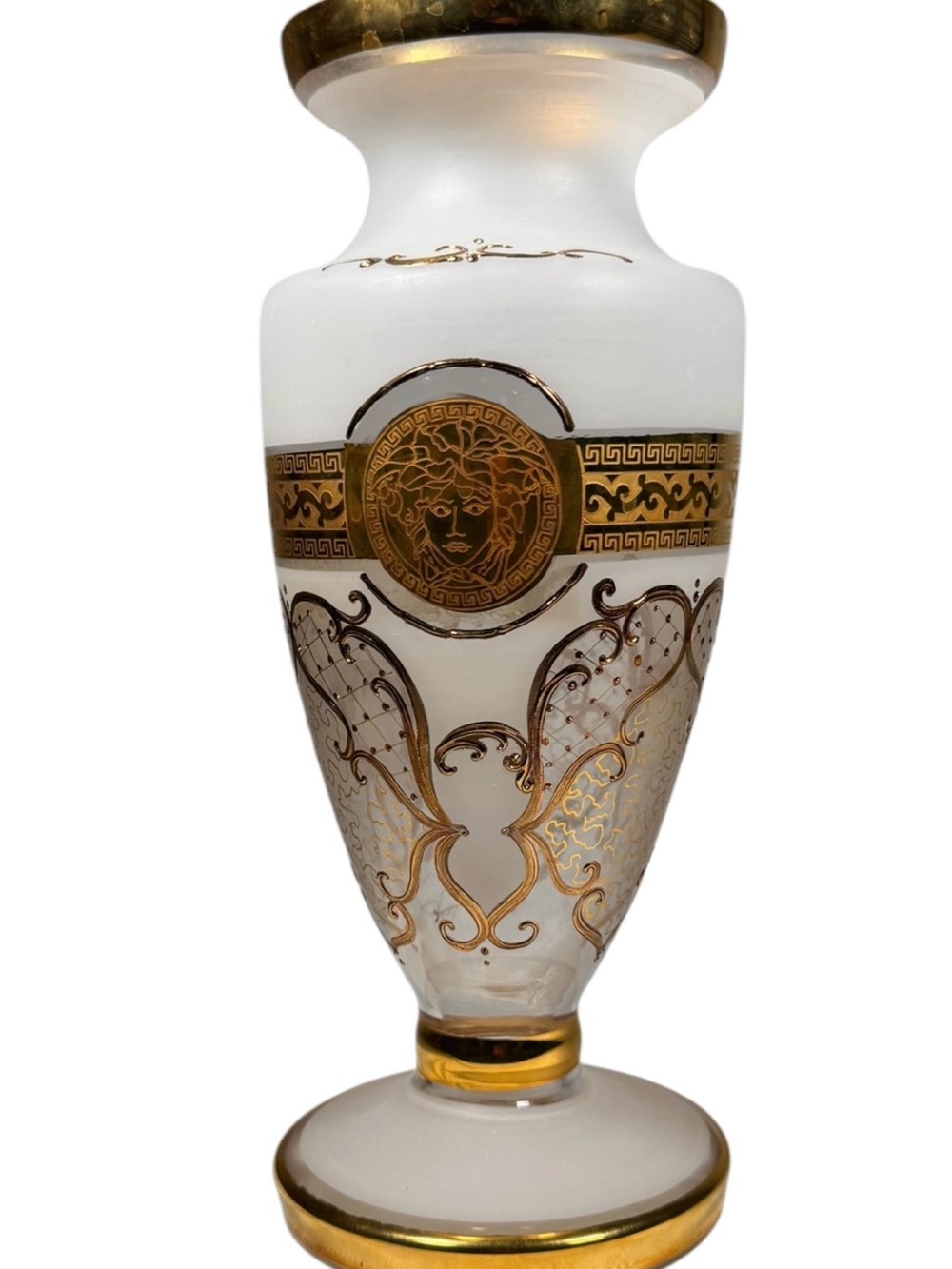 12” Frosted Art Glass Vase Gold Medusa Greek Key Luxury Home Decor